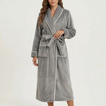 Women's Plush Hooded Bathrobe with Waist Tie Belt Long Sleeve Wrap Design and Front Patch Pockets