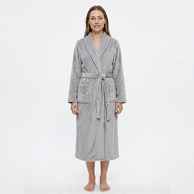 Women's Plush Shawl Collar Long Bathrobe with Full Length Wrap Design Adjustable Waist Tie