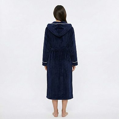 Women's Plush Hooded Long Bathrobe with Full Length Wrap Design Adjustable Waist Tie Contrast Trim