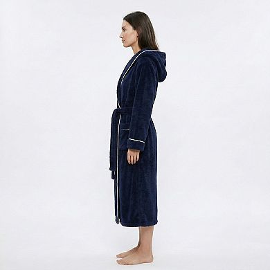 Women's Plush Hooded Long Bathrobe with Full Length Wrap Design Adjustable Waist Tie Contrast Trim