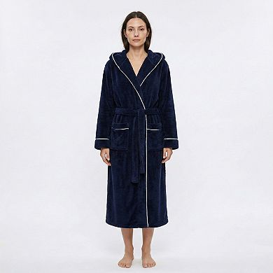 Women's Plush Hooded Long Bathrobe with Full Length Wrap Design Adjustable Waist Tie Contrast Trim