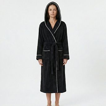 Women's Plush Hooded Long Bathrobe with Full Length Wrap Design Adjustable Waist Tie Contrast Trim
