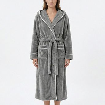 Women's Plush Hooded Long Bathrobe with Full Length Wrap Design Adjustable Waist Tie Contrast Trim