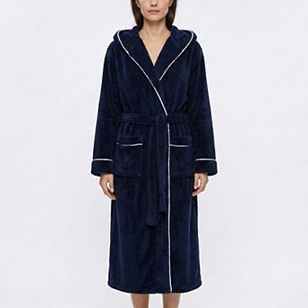 Women's Plush Hooded Long Bathrobe with Full Length Wrap Design Adjustable Waist Tie Contrast Trim