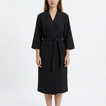 Women's Textured Knit Wrap Bathrobe with Three Quarter Sleeves Adjustable Waist Tie