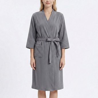 Women's Textured Knit Wrap Bathrobe with Three Quarter Sleeves Adjustable Waist Tie