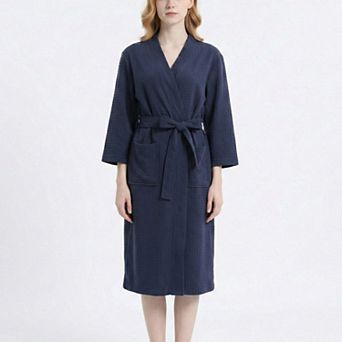 Women's Textured Knit Wrap Bathrobe with Three Quarter Sleeves Adjustable Waist Tie