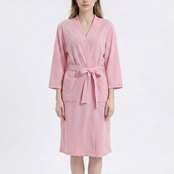 Women's Textured Knit Wrap Bathrobe with Three Quarter Sleeves Adjustable Waist Tie