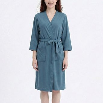 Women's Textured Knit Wrap Bathrobe with Three Quarter Sleeves Adjustable Waist Tie