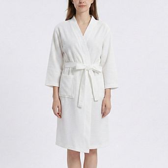 Women's Textured Knit Wrap Bathrobe with Three Quarter Sleeves Adjustable Waist Tie