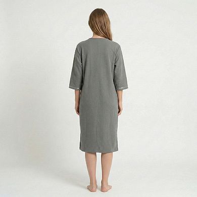 Women's Textured Knit Zip Front Nightgown with V Neckline Three Quarter Sleeves Relaxed Fit