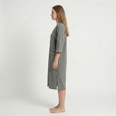 Women's Textured Knit Zip Front Nightgown with V Neckline Three Quarter Sleeves Relaxed Fit