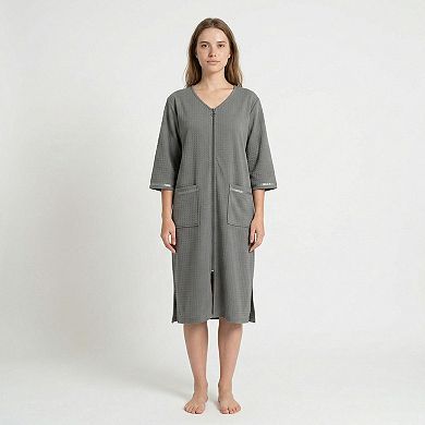 Women's Textured Knit Zip Front Nightgown with V Neckline Three Quarter Sleeves Relaxed Fit