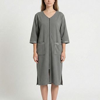 Women's Textured Knit Zip Front Nightgown with V Neckline Three Quarter Sleeves Relaxed Fit