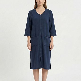 Women's Textured Knit Zip Front Nightgown with V Neckline Three Quarter Sleeves Relaxed Fit