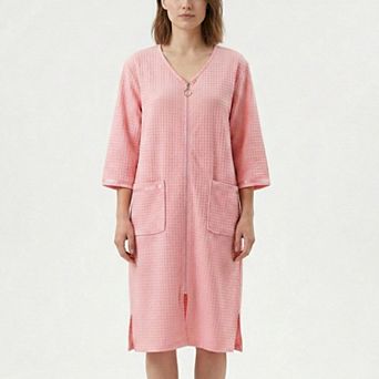 Women's Textured Knit Zip Front Nightgown with V Neckline Three Quarter Sleeves Relaxed Fit