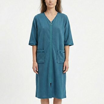 Women's Textured Knit Zip Front Nightgown with V Neckline Three Quarter Sleeves Relaxed Fit