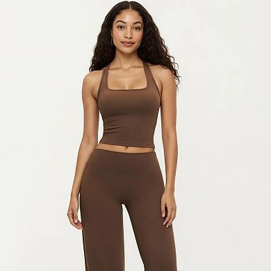 Women's Square Neck Racerback Crop Tank Fitted Stretch Athletic Workout Top for Yoga Training