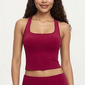 Women's Square Neck Racerback Crop Tank Fitted Stretch Athletic Workout Top for Yoga Training
