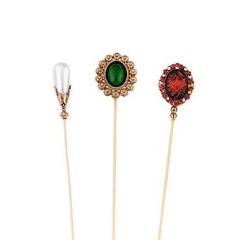 Classic Vintage 3 pc Hat Brooch Pin Set with Rhinestone and Pearl Accents for Scarves and Hats