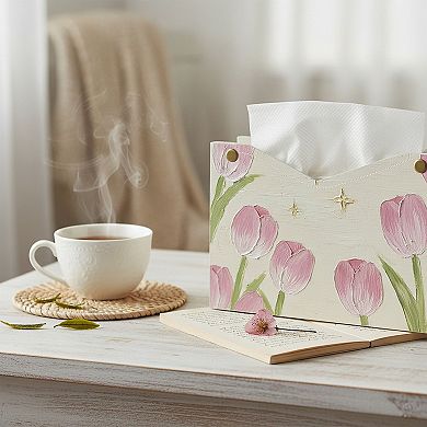 3-Piece Floral Decorative Tissue Box Cover with Painted Tulip Design