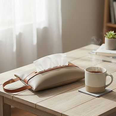 Soft Faux Leather Tissue Holder with Strap Handle and Snap Closure
