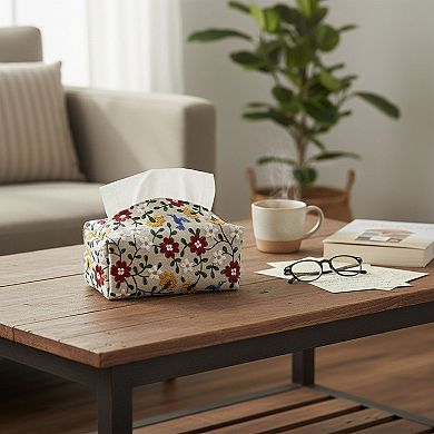 Embroidered Fabric Tissue Holder with Patchwork Pattern Design