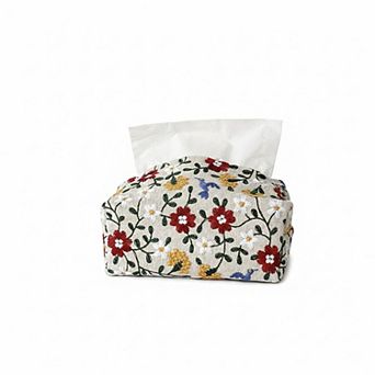 Embroidered Fabric Tissue Holder with Patchwork Pattern Design
