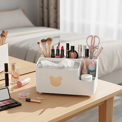 Multi-Compartment Plastic Tissue Box Organizer with Side Storage