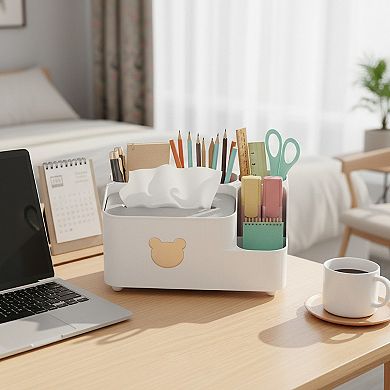 Multi-Compartment Plastic Tissue Box Organizer with Side Storage