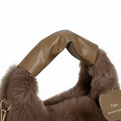 Women's Faux Fur Hobo Shoulder Bag with Soft Texture Top Handle and Removable Crossbody Strap