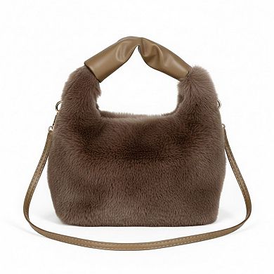 Women's Faux Fur Hobo Shoulder Bag with Soft Texture Top Handle and Removable Crossbody Strap