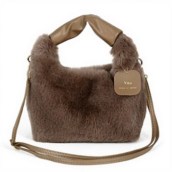 Women's Faux Fur Hobo Shoulder Bag with Soft Texture Top Handle and Removable Crossbody Strap