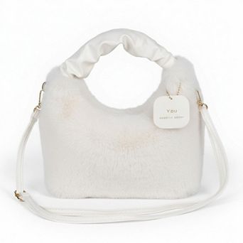 Women's Faux Fur Hobo Shoulder Bag with Soft Texture Top Handle and Removable Crossbody Strap