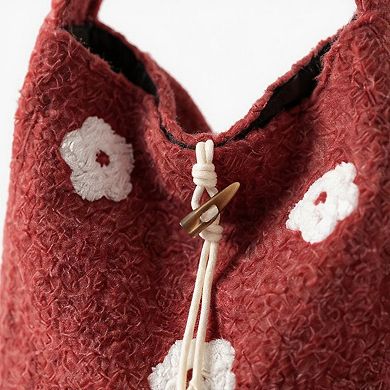 Women's Floral Applique Felt Hobo Shoulder Bag with Soft Structured Body and Top Handle