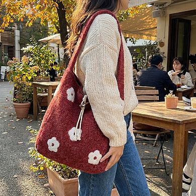 Women's Floral Applique Felt Hobo Shoulder Bag with Soft Structured Body and Top Handle