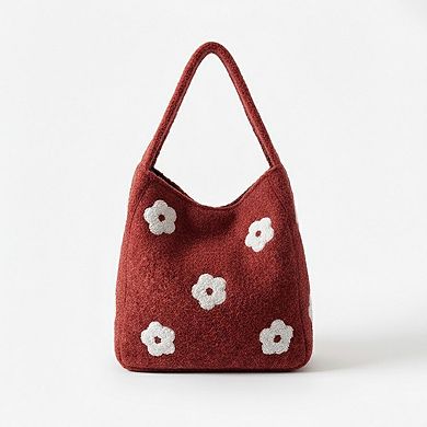 Women's Floral Applique Felt Hobo Shoulder Bag with Soft Structured Body and Top Handle