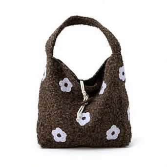 Women's Floral Applique Felt Hobo Shoulder Bag with Soft Structured Body and Top Handle