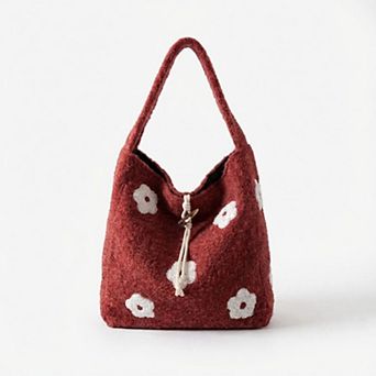 Women's Floral Applique Felt Hobo Shoulder Bag with Soft Structured Body and Top Handle