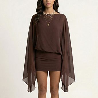 Women's Mini Dress with Sheer Draped Long Sleeves and Fitted Skirt Elegant Party Outfit