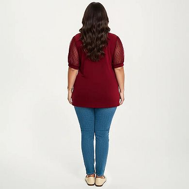 Women's Plus Size Short Sleeve Top with V Neck Sheer Dot Mesh Sleeves Soft Knit Fabric Relaxed Shirt