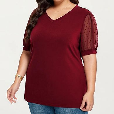 Women's Plus Size Short Sleeve Top with V Neck Sheer Dot Mesh Sleeves Soft Knit Fabric Relaxed Shirt