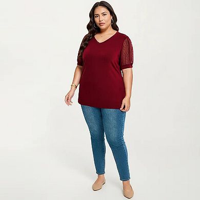 Women's Plus Size Short Sleeve Top with V Neck Sheer Dot Mesh Sleeves Soft Knit Fabric Relaxed Shirt