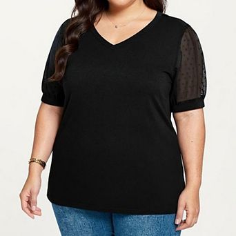 Women's Plus Size Short Sleeve Top with V Neck Sheer Dot Mesh Sleeves Soft Knit Fabric Relaxed Shirt