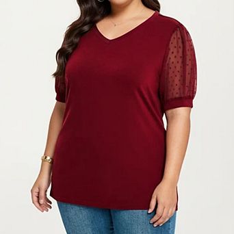 Women's Plus Size Short Sleeve Top with V Neck Sheer Dot Mesh Sleeves Soft Knit Fabric Relaxed Shirt