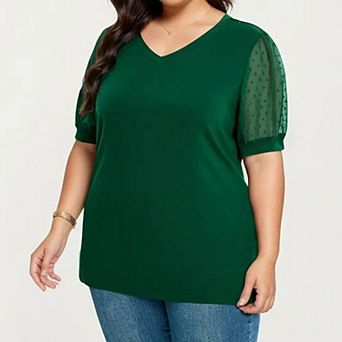 Women's Plus Size Short Sleeve Top with V Neck Sheer Dot Mesh Sleeves Soft Knit Fabric Relaxed Shirt