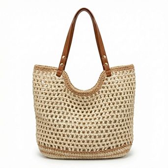 Women's Crochet Tote Bag Open Weave Design Dual Shoulder Straps Contrast Trim Detail