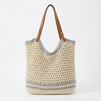 Women's Crochet Tote Bag Open Weave Design Dual Shoulder Straps Contrast Trim Detail