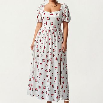 Women's Plus Size Cherry Print Square Neck Maxi Dress with Puff Sleeves Flowy Skirt Side Slit Detail