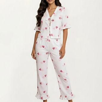 2 pc Set V Neck Tie Front Pajama Top with Ruffle Sleeve Detail and Pants Printed Sleepwear Set